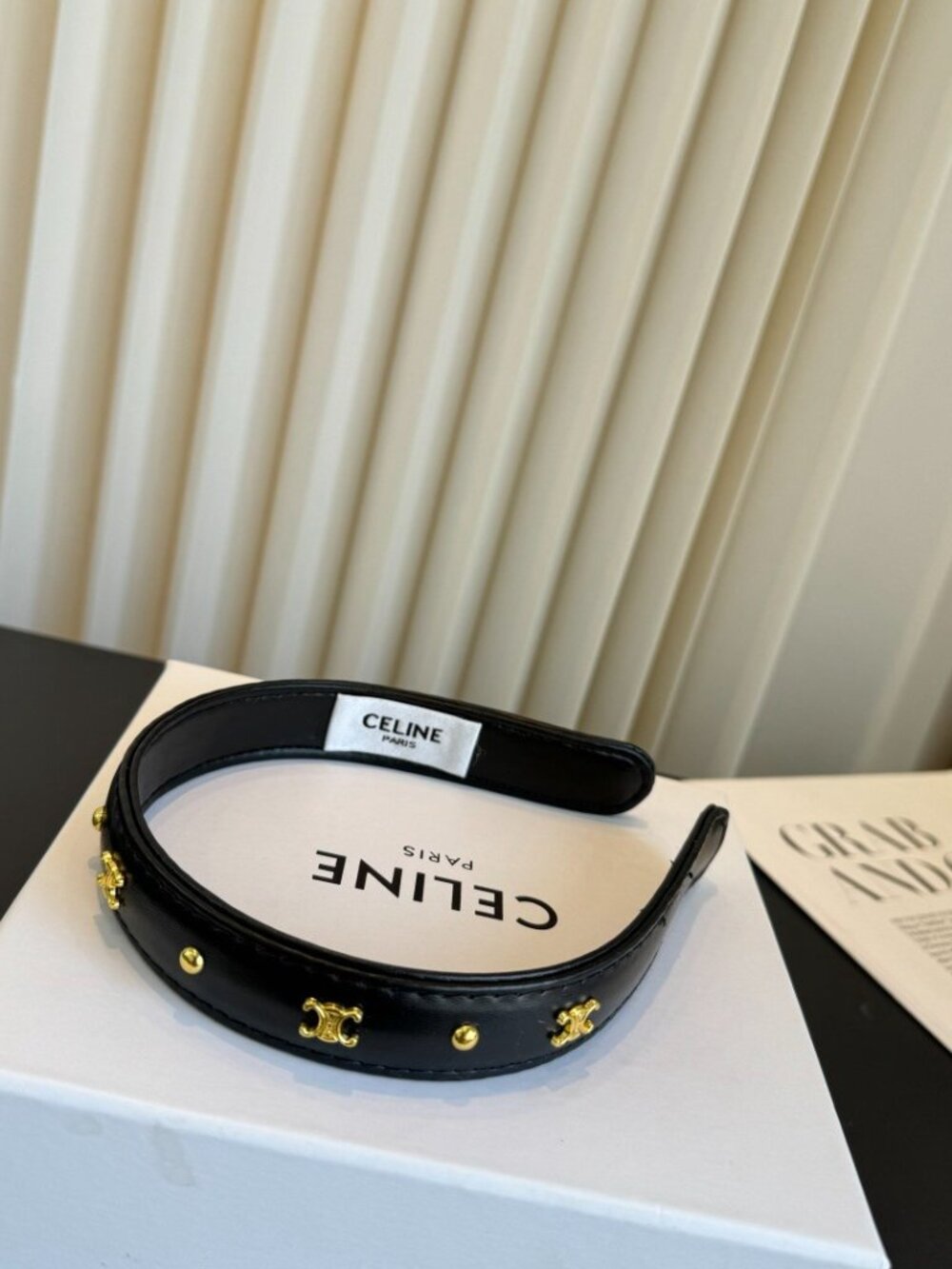 Celine Black Smooth Leather Mini Gold Triomphe Studded Narrow Headband